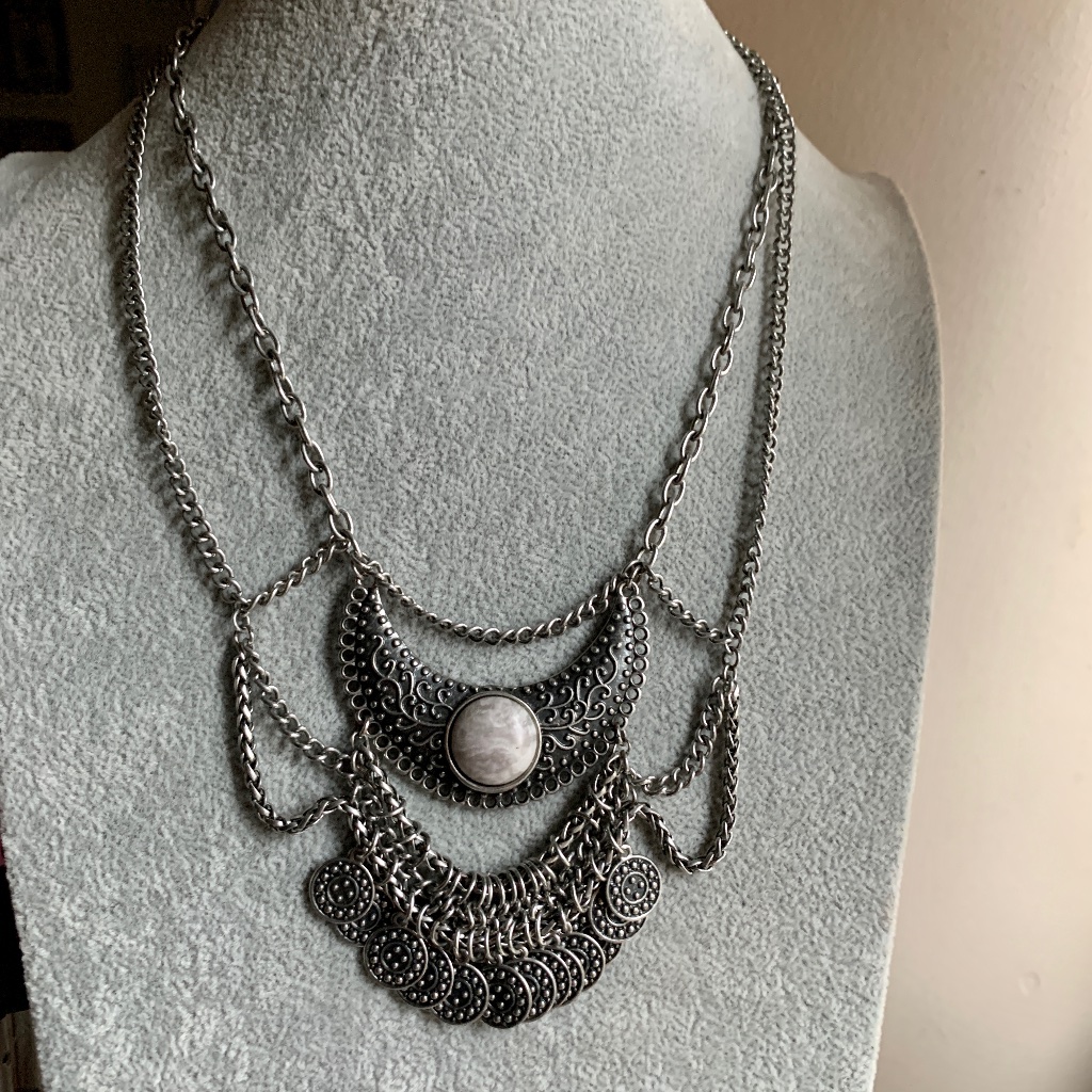 Fun Boho Gypsy Silver Disk Marble Festoon Necklace - Belly Dancing 18$